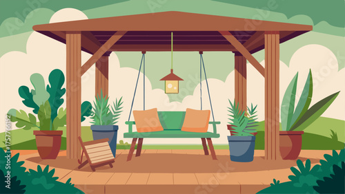 A covered porch with a wooden swing potted plants and a mix of rustic and modern outdoor furniture.