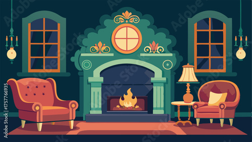 A cozy den with a mix of plush velvety furniture and a fireplace with an ornate Victorianstyle mantel.