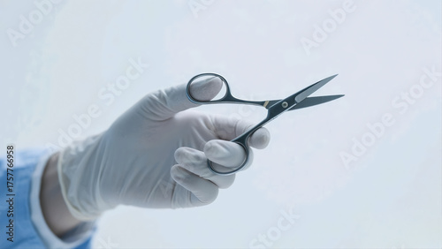 A close-up shot of a hand wearing a surgical glove, holding a pair of surgical scissors against a bright, clean white background.