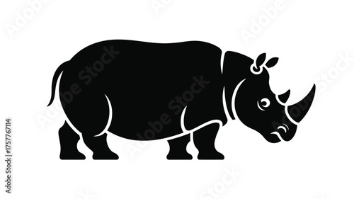 Black silhouette of a rhinoceros standing on a white background