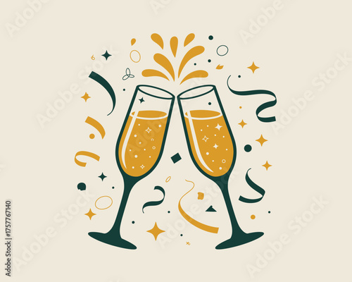 Two champagne glasses clinking together with confetti and streamers