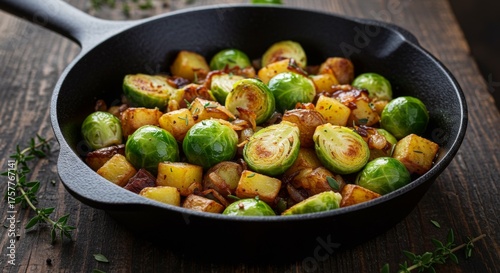 Roasted Brussels Sprouts and Potatoes in Cast Iron Skillet