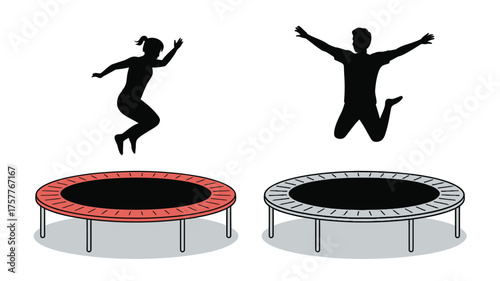 Silhouettes of people jumping on trampolines with two trampolines below