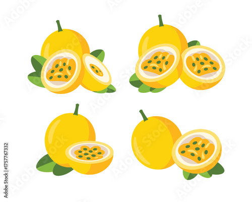 Vibrant yellow passion fruit collection with slices and leaves