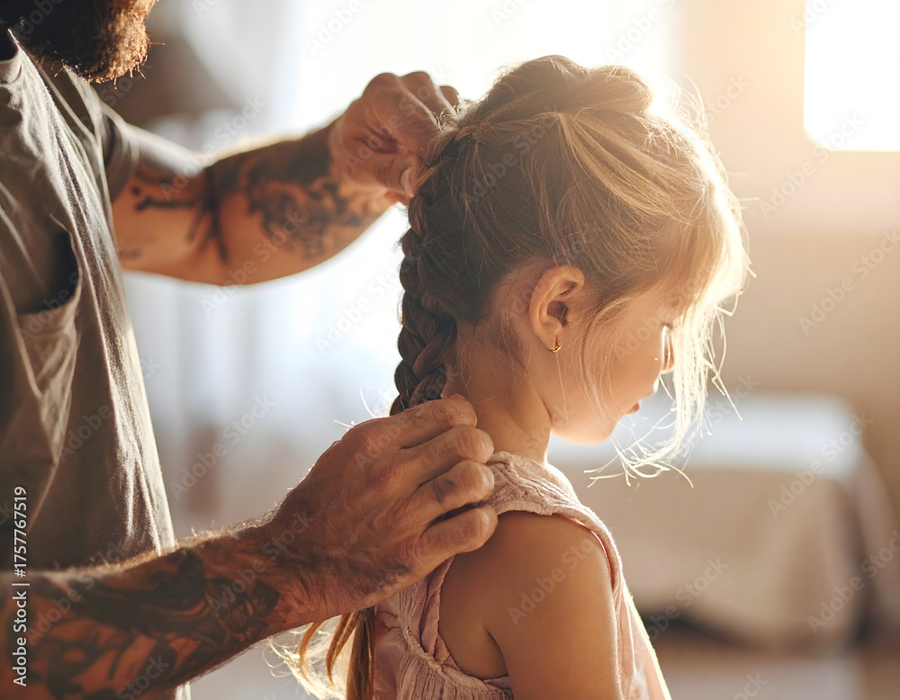 Fototapeta premium A Close-up of a Father's Hands Braiding His Daughter's Hair