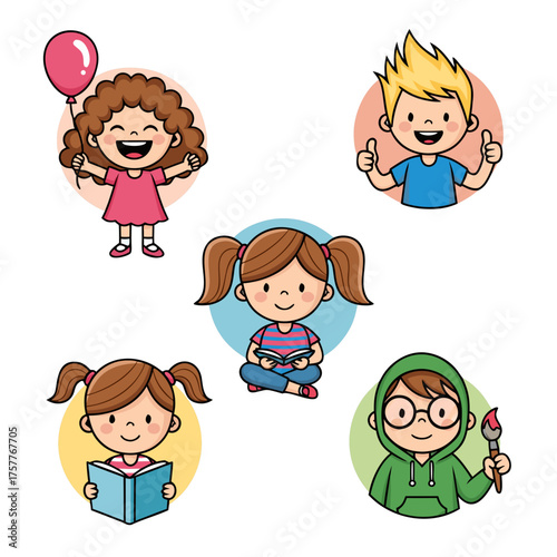 Cartoon kids expressing emotions in playful activities  