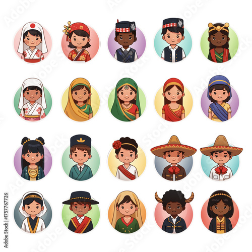 Children in traditional costumes from various cultures in a grid  