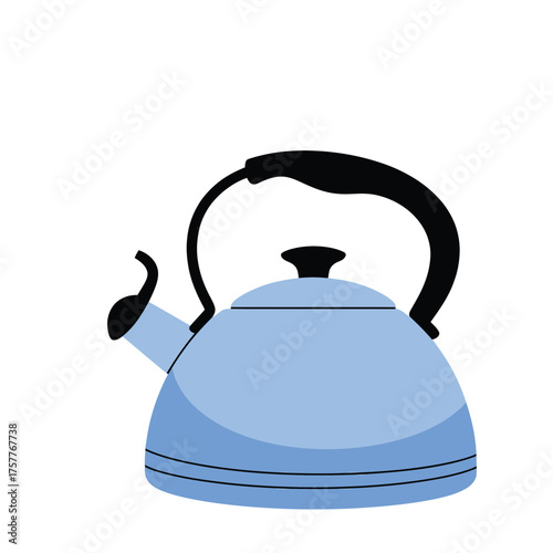 Light blue tea kettle with black handle and spout