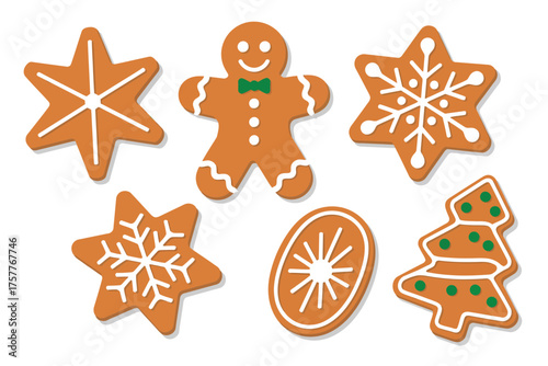 Christmas gingerbread cookies in various festive shapes