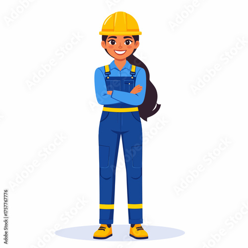 Smiling Female Construction Worker with Arms Crossed Wearing Blue Coverall and Yellow Hard Hat