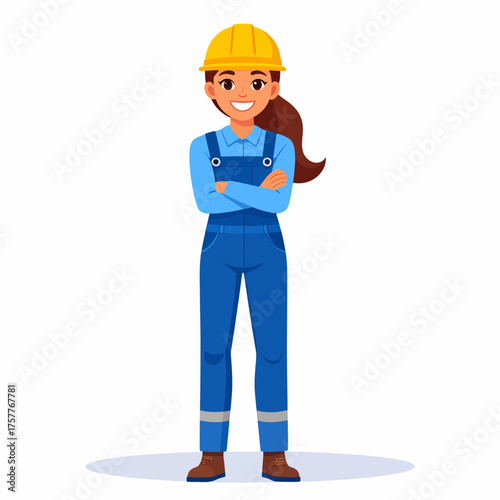 Smiling Female Construction Worker with Arms Crossed Wearing Blue Coverall and Yellow Hard Hat