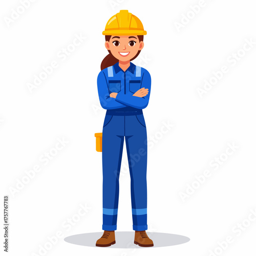 Smiling Female Construction Worker with Arms Crossed Wearing Blue Coverall and Yellow Hard Hat