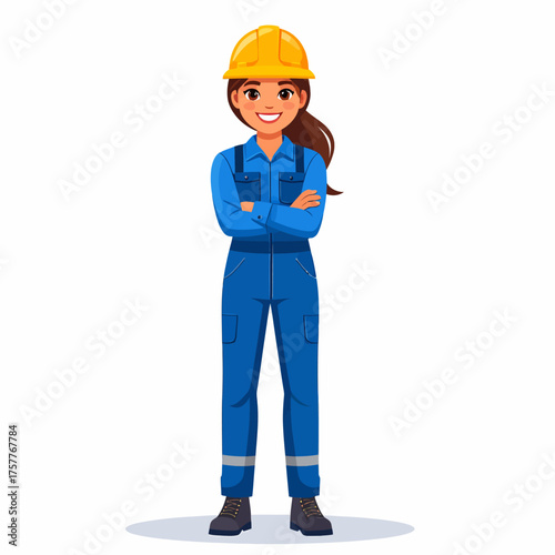 Smiling Female Construction Worker with Arms Crossed Wearing Blue Coverall and Yellow Hard Hat