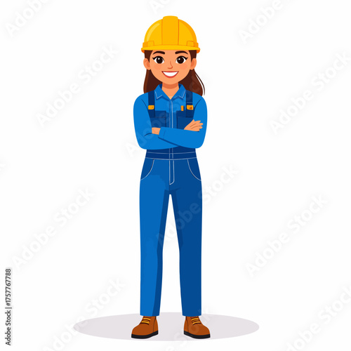 Smiling Female Construction Worker with Arms Crossed Wearing Blue Coverall and Yellow Hard Hat