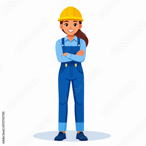 Smiling Female Construction Worker with Arms Crossed Wearing Blue Coverall and Yellow Hard Hat
