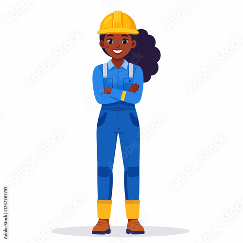 Smiling Female Construction Worker with Arms Crossed Wearing Blue Coverall and Yellow Hard Hat