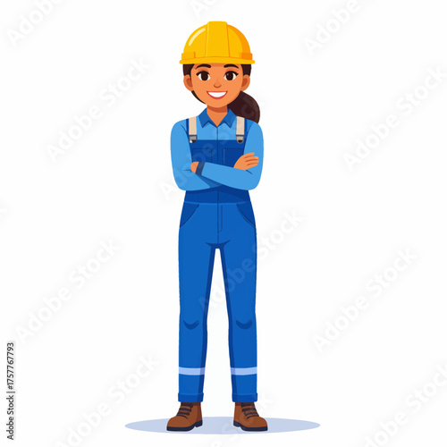 Smiling Female Construction Worker with Arms Crossed Wearing Blue Coverall and Yellow Hard Hat