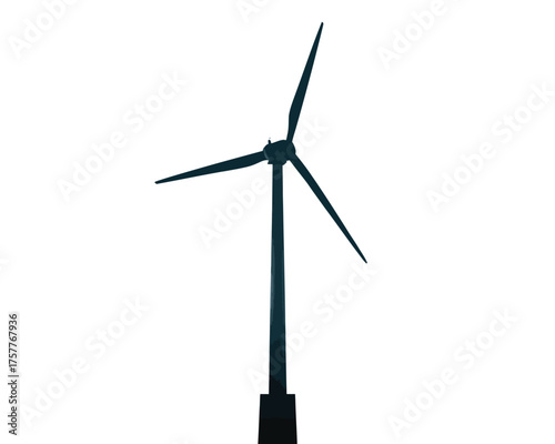 A lone wind turbine stands tall against a stark white background