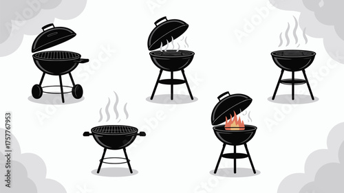 Collection of black kettle grills with open and closed lids and smoke