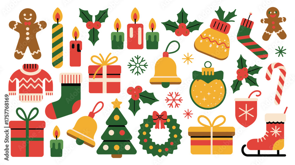 Naklejka premium Collection of festive christmas holiday icons and decorations