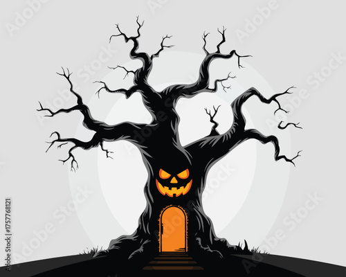 Spooky halloween jack o lantern tree with glowing door