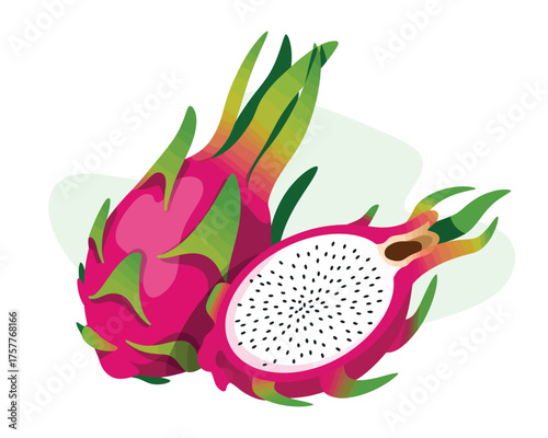 Vibrant pink dragon fruit whole and halved with green scales