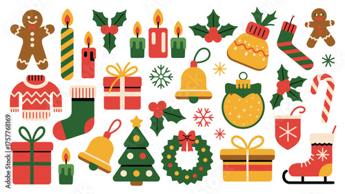 Collection of festive christmas holiday icons and decorations