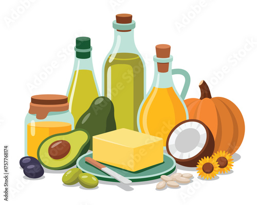 Assortment of healthy fats and oils for cooking and nutrition