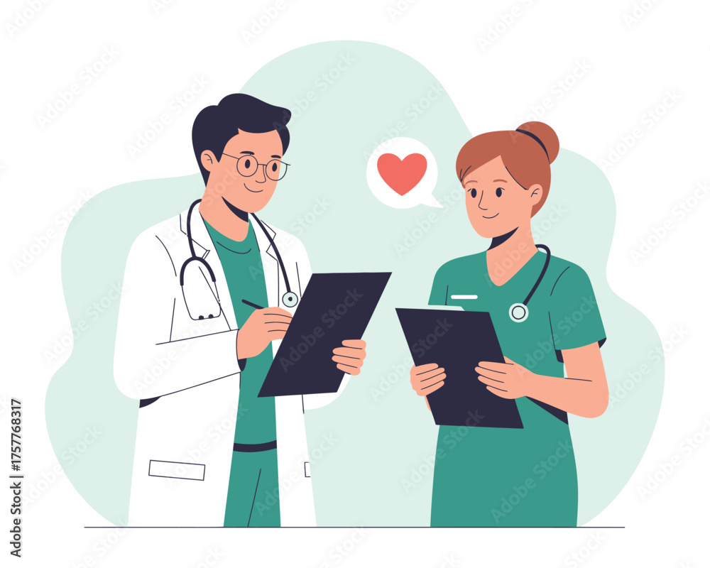 Fototapeta premium Two doctors in scrubs discussing medical charts with a heart symbol above them