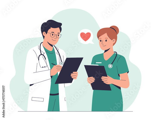 Two doctors in scrubs discussing medical charts with a heart symbol above them