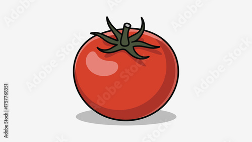 Single ripe red tomato with green stem isolated on white background