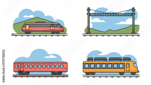 Collection of stylized trains and railway scenes in a flat design style