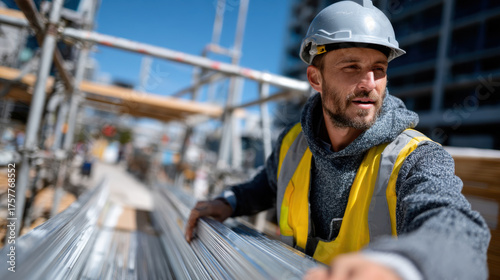 A construction worker in a hard hat and reflective vest navigates scaffolding, epitomizing teamwork and safety while overseeing construction operations in an urban environment.