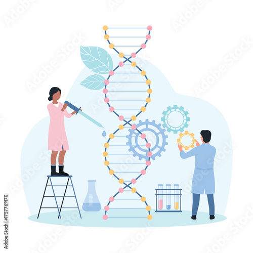 DNA research in medical laboratory, inheritance and genetic scientific projects vector illustration. Cartoon tiny scientists holding pipette with sample to study gene, helix of DNA molecule and gears