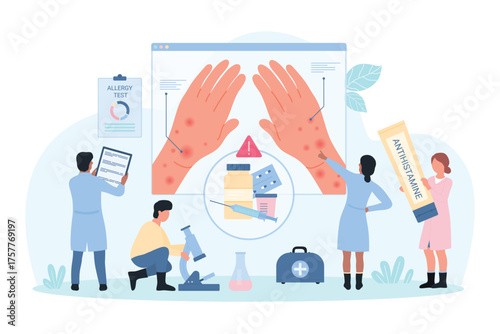 Drug allergy vector illustration. Cartoon tiny people diagnose symptoms of medical pills intolerance on skin of patients hands, doctors recommend antihistamine ointment for treatment of dermatitis