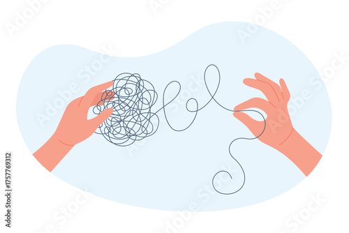 Untangle knot of problems and mental disorder vector illustration. Cartoon two hands hold tangled scribble ball to pull and unravel string, bring order to chaos and puzzle mess, smart solution