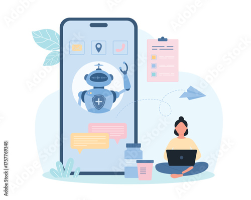 Healthcare chatbot technology vector illustration. Cartoon tiny woman with laptop and robot on mobile phone screen communicate by online messages, medical automated support for patient of AI assistant