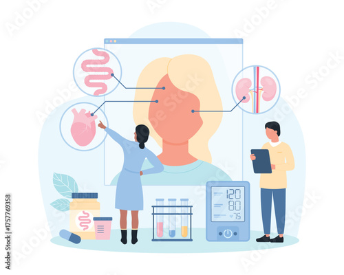 Conditions for healthy skin vector illustration. Cartoon tiny people research impact of gut, heart and kidney health on skin using medical infographic anatomy chart with organs, model of womans head