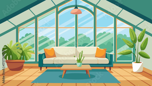 A bright and airy sunroom with large windows a comfortable sectional sofa and a rustic wooden coffee table adorned with a terrarium.