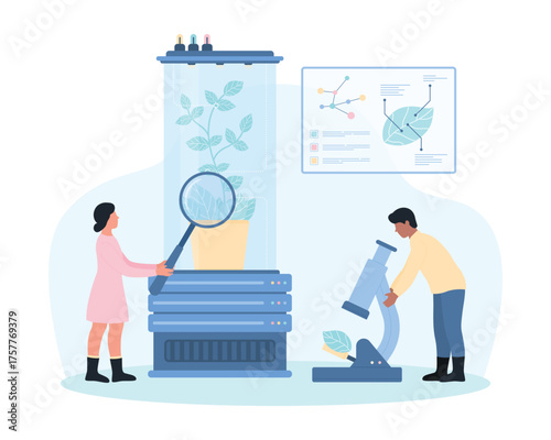 Agriculture and biotechnology lab research by scientists vector illustration. Cartoon tiny people with magnifying glass and microscope test organic green plant growth inside futuristic biotech flask