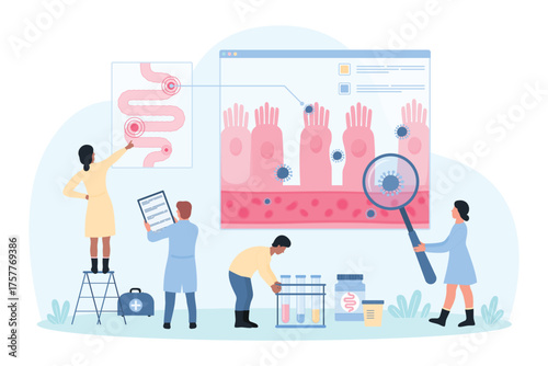 Leaky gut syndrome, gastrointestinal health disorder vector illustration. Cartoon tiny people with magnifying glass check for bad bacteria passing through intestinal barrier on bowel structure chart