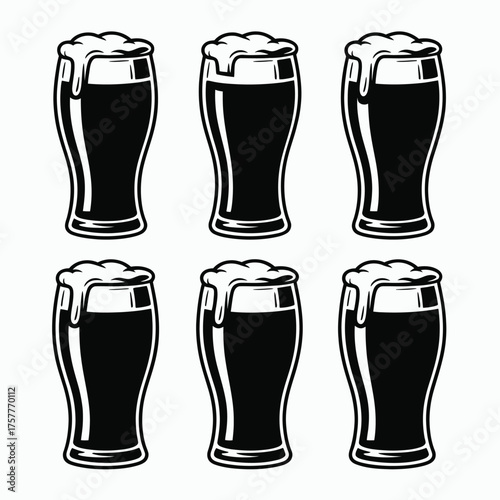 Six glasses of dark beer with frothy heads isolated on white background