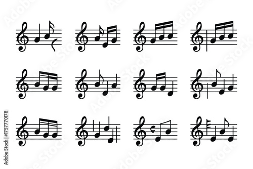 Collection of musical notation staffs with treble clefs and notes
