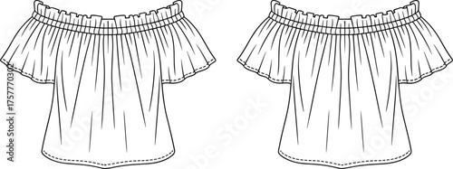 CAD drawing flat vector illustration of off the shoulder blouse with ruffled neckline, short sleeves, curved hem, fashion garment design pattern