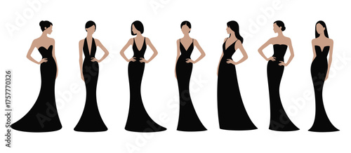Six elegant women in long black evening gowns posing in a line