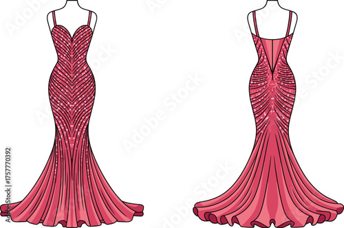 CAD drawing flat vector illustration of pink sequin mermaid evening gown with sweetheart neckline, thin straps, low back, pleated hem elegant fashion