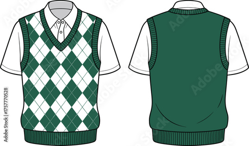 CAD drawing flat vector illustration of sleeveless green argyle sweater vest layered over collared shirt, V neck ribbed edges preppy school fashion design