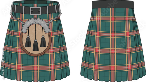 CAD drawing flat vector illustration of traditional Scottish kilt with tartan pattern, sporran pouch, belt buckle, pleated back, cultural heritage attire design