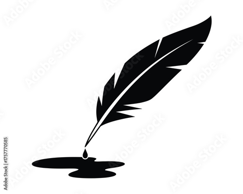 Black silhouette of a quill pen dripping ink onto a white background