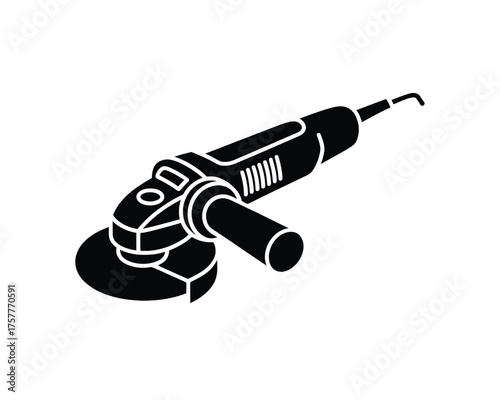 Black and white silhouette of an angle grinder on a white background
